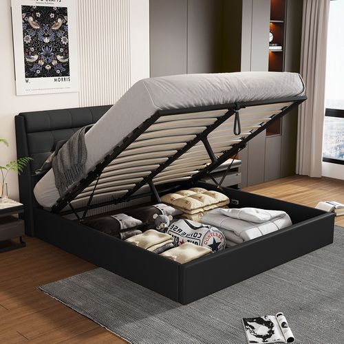 Lit coffre lit 140x200 cm lit hydraulique rangement tête de lit caché avec sommier à lattes pu noir