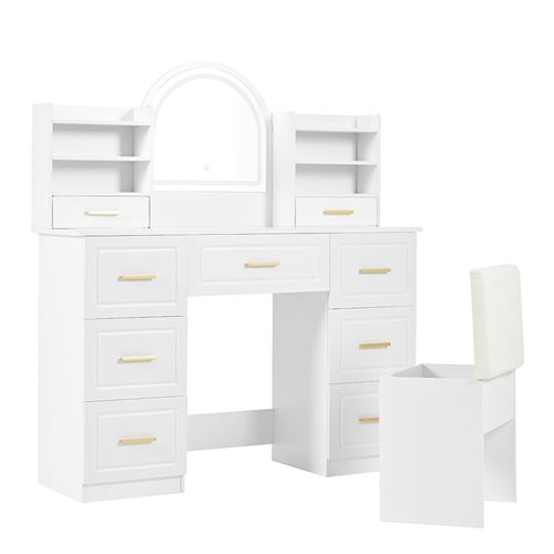 Coiffeuse blanc 9 tiroirs éclairage led salon chambre