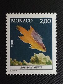 Timbre Monaco Y T 1615 Cochon De Mer Espagnol (Bodianus Rufus) 1988 (021209 )