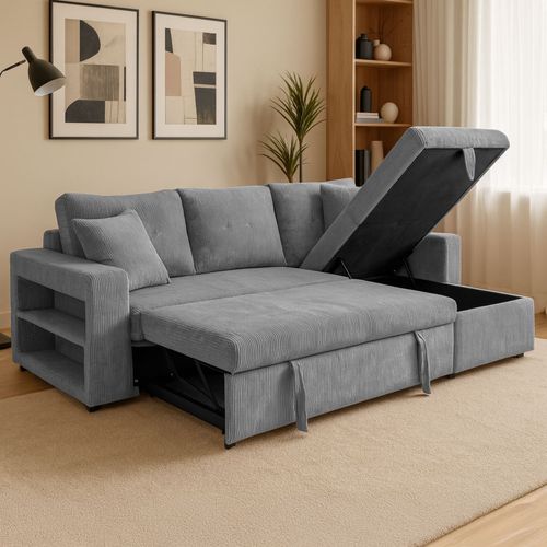 Canapé d'angle convertible 4 places avec coffre en velours côtelé gris GLASGOW