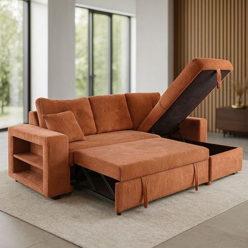 Canapé d'angle convertible 4 places avec coffre en velours côtelé terracotta GLASGOW