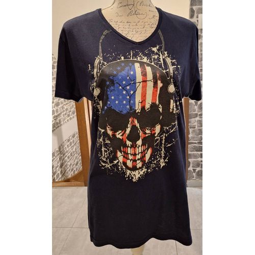 Long Tee-Shirt Bleu Marine Imprimé Tête De Mort