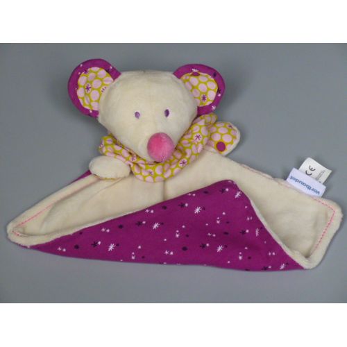 Doudou souris mouchoir Vertbaudet blanc violet
