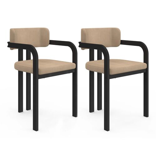 Lot de 2 chaises de salle à manger, fauteuils de table ESMA en métal noir et velours taupe avec accoudoirs