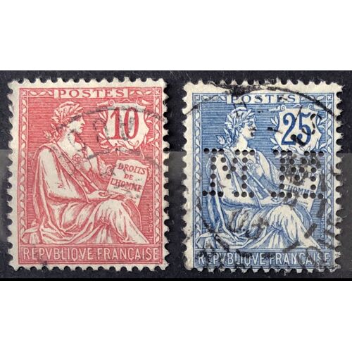 Mouchon 1902 (Retouché = Cartouche Ecusson) 10c Rose (Joli N° 124) + Mouchon 1902 (Retouché) 25c Bleu (Joli N° 127) Perforations M M Obl - France Année 1902 - Brn83 - N19882