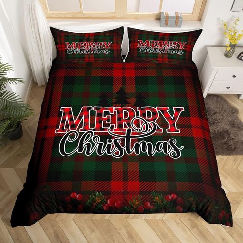 (Ensemble De 3) Joyeux Noël Ensemble Literie King Size Rouge Et Vert Plaid Impression De Décor De Chambre À Coucher Pour Enfants Garçons Filles De La Nouvelle Année Sur Le Thème De Housse De Couette
