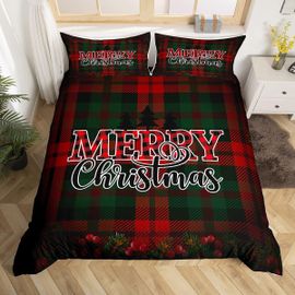(Ensemble De 3) Joyeux Noël Ensemble Literie King Size Rouge Et Vert Plaid Impression De Décor De Chambre À Coucher Pour Enfants Garçons Filles De La Nouvelle Année Sur Le Thème De Housse De Couette