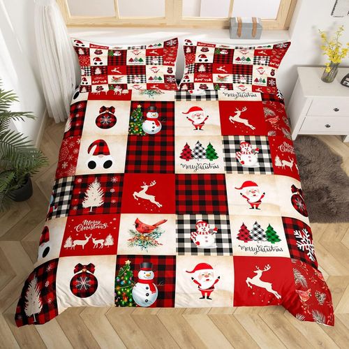 (Ensemble De 3) Noël Ensemble Literie Queen Size Cerf Bonhomme De Neige, Santa Claus Imprimé Housse De Couette Avec 2 Taies D'oreiller À Carreaux Imprimé Lit Ensemble Pour Les Enfants Garçons Filles