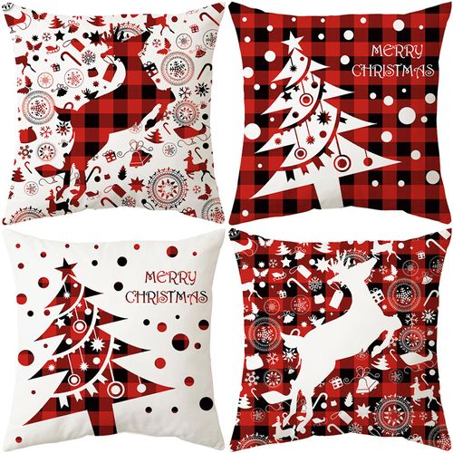Ensemble De 4 (45x45cm, Rouge + Noir) De Noël Housses De Coussin De Noël Housses De Coussin Cerf Motif De Décoration De La Maison, Adapté Pour Noël Canapé À La Maison Salle De Séjour Chambre À Couch
