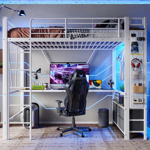 Lit mezzanine 90x200 cm cadre fer avec bureau sèche-linge étagères 4 tiroirs prise usb+type-c bande led garde-corps échelle planche à trous sans matelas blanc