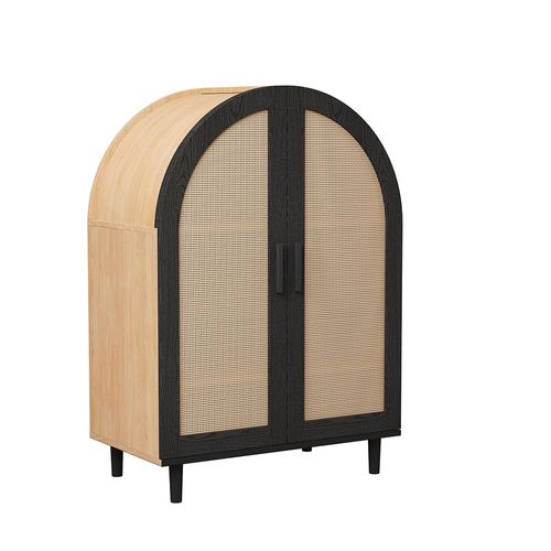 Meuble à chaussures élégant extérieur arrondi portes rotin trois étagères naturel