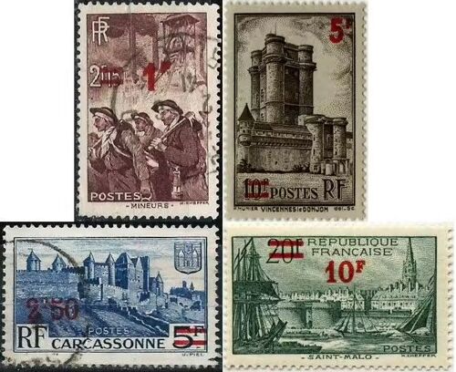 France 1940 / 1941, Beaux Timbres Surchargés Yvert 489 Mineurs, 490 Carcassonne, 491 Vincennes Et 492 Saint-Malo, Neufs* / Oblitérés.