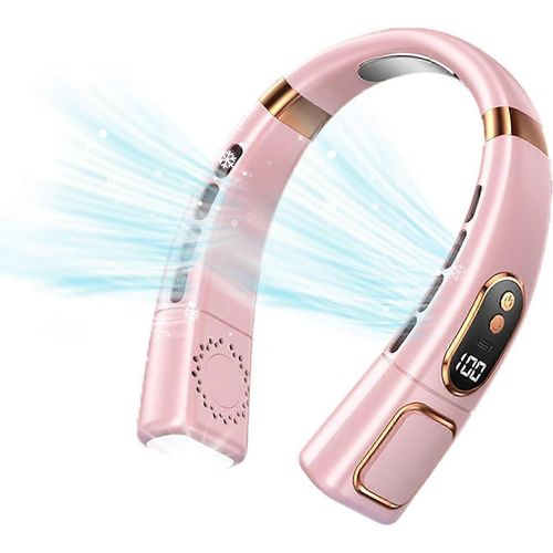 Ventilateur de cou portable et rechargeable, avec port USB et mains libres, 5 vitesses, éclairage LED, silencieux et sans pales - Rose