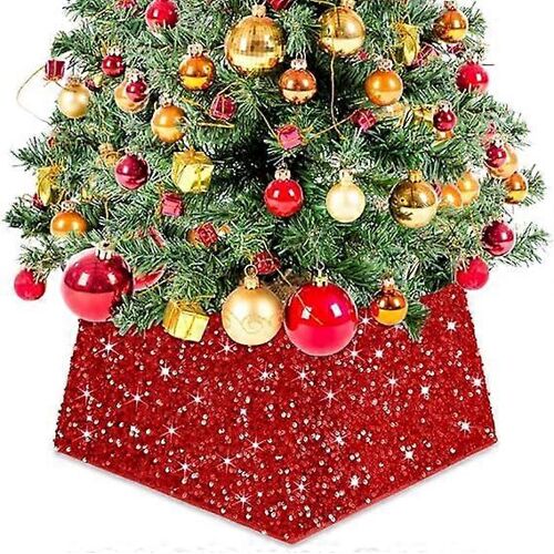 Jupe de sapin de Noël carrée rouge de 56 cm (22 pouces) à paillettes en relief, cercle à paillettes pour sapin artificiel