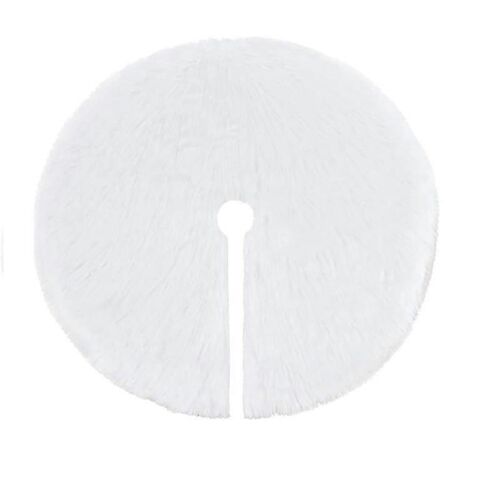 Jupe de sapin blanche en peluche avec bordure en fausse fourrure, idéale pour les décorations de Noël.