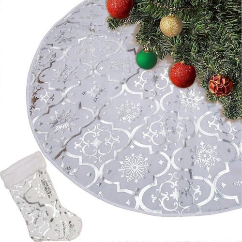 Jupe de sapin de Noël de 122 cm (48 pouces), tapis de protection doux, décoration flocon de neige, style ferme, argentée