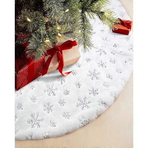 Jupe de sapin de Noël à paillettes argentées en forme de flocons de neige, décoration de sapin de 90 cm, couvre-pied de sapin en fausse fourrure blanche comme neige, décoration de sapin de Noël