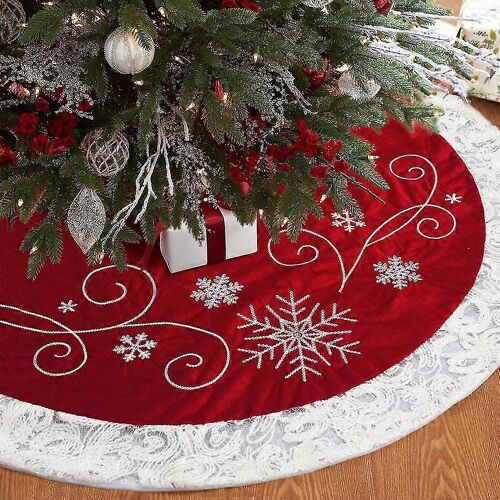 Jupe de sapin de Noël rouge de 122 cm (48 pouces) avec broderie de sequins neige et bordure blanche pour Noël