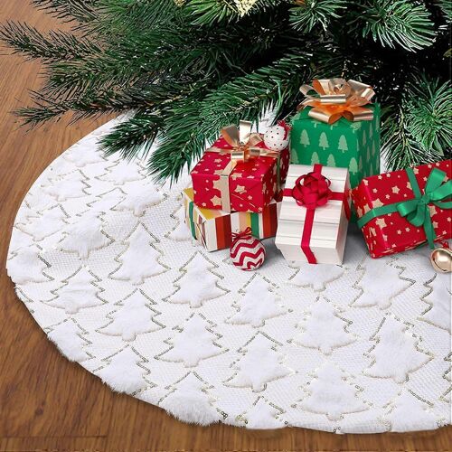 Jupe de sapin de Noël, 60 cm de diamètre, blanche, en peluche et sequins, pour pied de sapin ou tapis de sol.