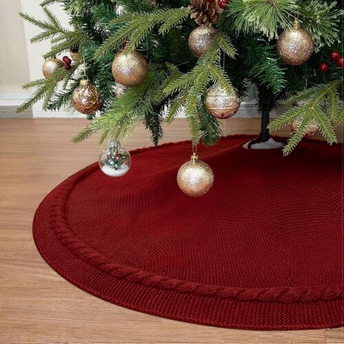 Jupe de sapin de Noël, 132 cm, tricot épais à torsades, décoration rustique pour les fêtes, rouge de Noël