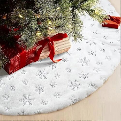 Jupe de sapin de Noël blanche avec motif flocon de neige, tapis de sapin en fausse fourrure luxueuse et peluche avec broderie de sequins argentés, 90 cm, couvre-pied de sapin flocon de neige, Noël