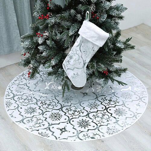 Jupe de sapin de Noël blanche de 122 cm (48 pouces) ornée de motifs dorés et d'un grand motif Monda rouge pour la décoration des fêtes