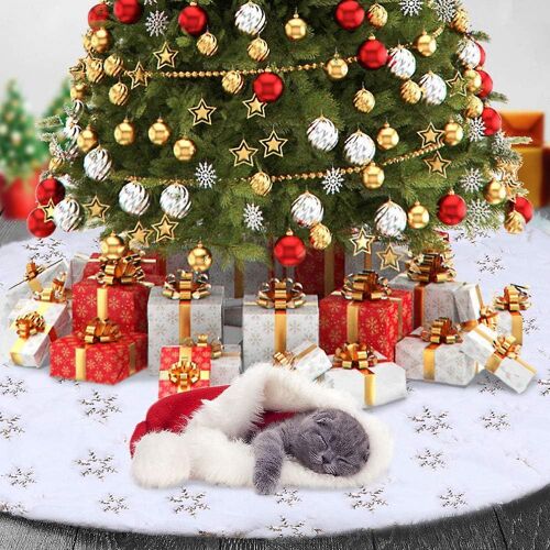 Jupe de sapin de Noël - Grande jupe de sapin de 122 cm en fausse fourrure douce à motif flocons de neige dorés pour décorations de Noël intérieures et extérieures - Flocons de neige dorés