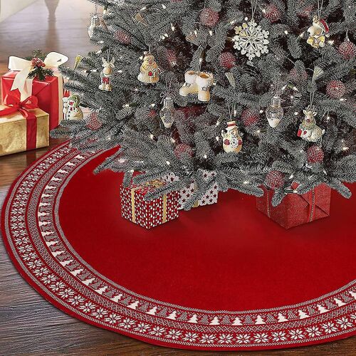 Jupe de sapin de Noël, jupe de sapin de Noël rouge tricotée de 91 cm (36 pouces) avec sapin de Noël et flocon de neige