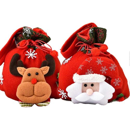Noël Sacs À Cordon De Serrage,Mignon Poupée Flanelle Emballage Sac De Goodie Pour Les Friandises Cadeau,Fête De Vacances De Décoration De Noël(Lot De 2,Rouge)
