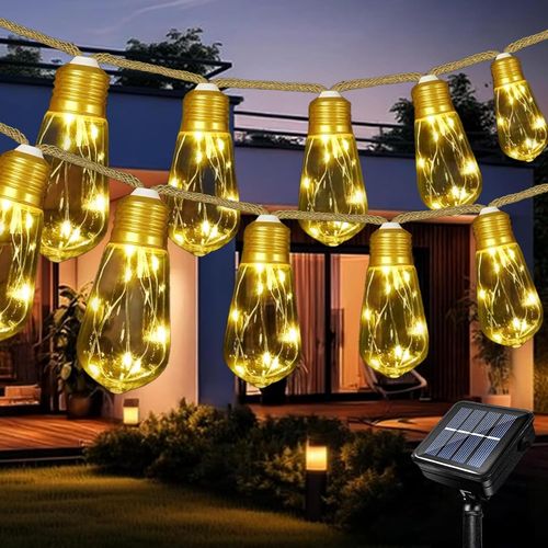 Jgd-Solaire Guirlandes Lumineuses Extérieur, 6.5m 80leds Corde De Chanvre Guirlande Guinguette Solaire Avec 10 Ampoules Incassable, 8 Modes Étanche Guirlande Lumineuse Pour Noël Jardins Cours Bistrot