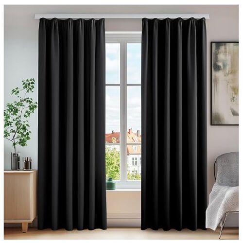 Rideaux Occultants Thermiques Deconovo Avec Élastique, 245 X 140 Cm (Largeur Hexagonale), Noirs, Lot De 2