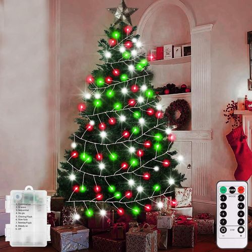 Jgd-Guirlande Lumineuse De Noël Avec 200 Led - Rouge, Blanc Et Vert - Fonctionne À Piles - 3 M - Avec Minuterie Automatique - 8 Modes - Pour Chambre À Coucher, Décoration De Jardin