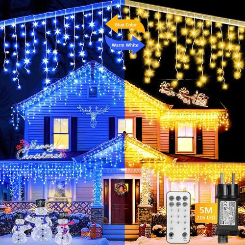 Jgd-Rideau Lumineux Extérieur 5m 216 Led Avec Télécommande, Guirlande Lumineuse Noel Ip44 Étanche 11 Modes Lumières De Glaçons Lumières De Fées De Noël Avec 5m Câble Pour Balcon (Bleu/Blanc Chaud)