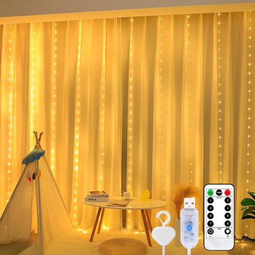 Jgd-Rideau Lumineux À 200 Led, Blanc Chaud, 3 M X 2 M, 8 Modes, Guirlande Lumineuse Led Avec 10 Crochets, Télécommande, Minuterie, Luminosité Réglable Pour L'intérieur Et L'extérieur, Décoration De F