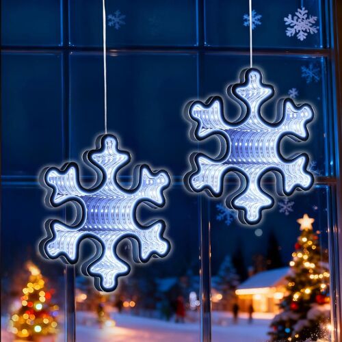 JGD-Rideau Lumineux Noël, 104 LED Guirlande Flocon de Neige à Suspendre 3D Miroir Infini Lumiere Noel Fenetre Pile avec Minuterie Deco Lumineuse Fenetre Noel pour Interieur Exterieur, Blanc Froid