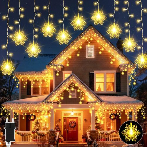 JGD-Guirlande Lumineuse d'extérieur, 10M 240LED Guirlande Lumineuse Flocons de Neige Blanc Chaud avec Minuterie, 8 Modes Alimentation Secte Imperméable pour Toit, Garde-corps, Avant-toit, Véranda