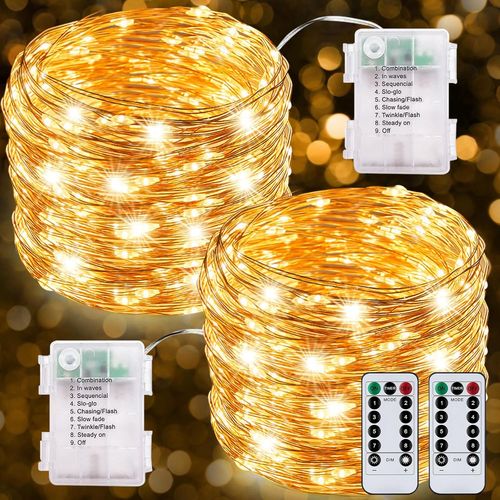 Jgd-Guirlande Lumineuse Blanc Chaud,2*12m 120led Guirlande Led À Pile,Fil De Cuivre,Imperméable Ip67,Avec Télécommande 8 Modes Fonction Minuterie,Pour Noël, Cheminée, Maison, Mariage Décoration.