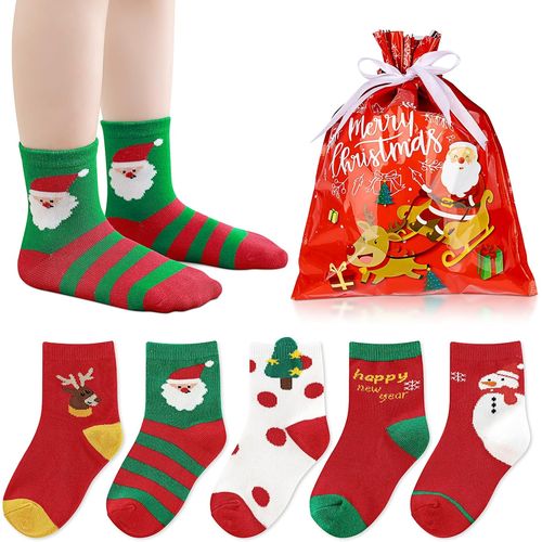 Jgd-5 Paires Chaussette Enfant Garcon Fille Bebe Chaussettes Sans Couture Chaussette De Noel Fantaisie Coton Drole Fille Sport Chaussettes Chaudes Hiver Fille Garcon Bébé Avec Sac Cadeau Noel