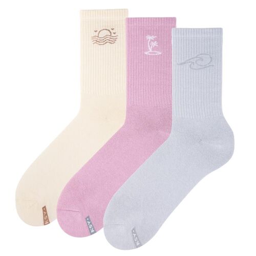 Zooksy Chaussettes Colorées 3 Paires Femmes Hommes Adolescents Unisexe Ensemble De Motifs De Vague De Soleil Multi Pack À Motifs Longs En Coton Été Surf Vacances Mi-Mollet Culture Inspiration Surf Couleur Beige Rose Gris Taille 36-40
