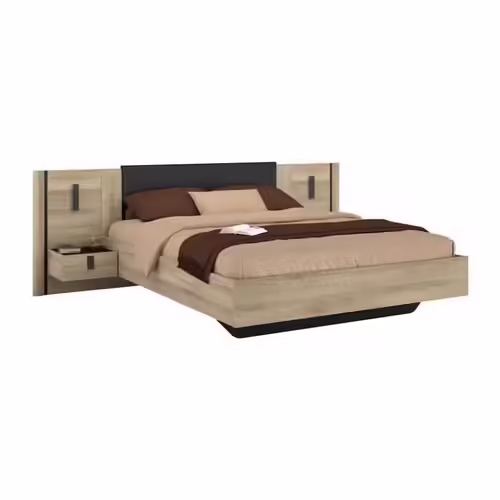 Lit PARISOT KIERAN 140x190/200 cm chêne et noir avec chevets intégrés