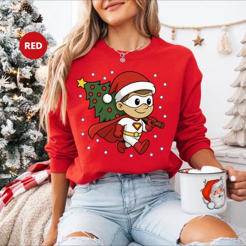 Sweatshirt De Noël Rouge En Coton/Polyester Avec Enfants Chibi Super-Héros