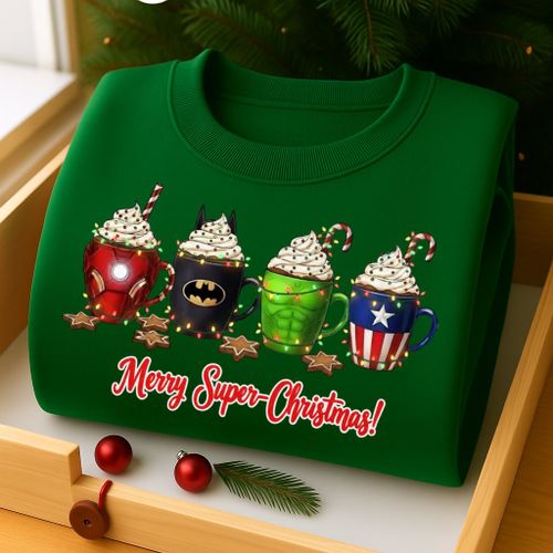 Sweat-Shirt Vert De Noël En Coton/Polyester Avec Des Mugs Style Super-Héros