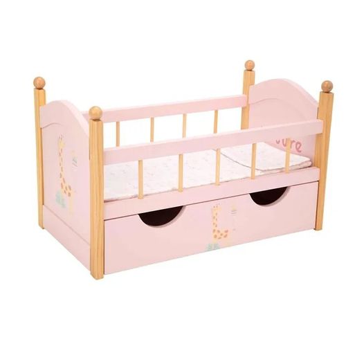 Lit en bois pour poupée - Arias - Tiroir accessoire - Oreiller et couvre-lit inclus - Rose - Dimensions 52,5x29,5x32 cm