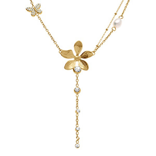 Collier Acier Doré Cravate Fleur Et Papillon Oxydes Blancs Et Perle Blanche Imitation 43+5cm