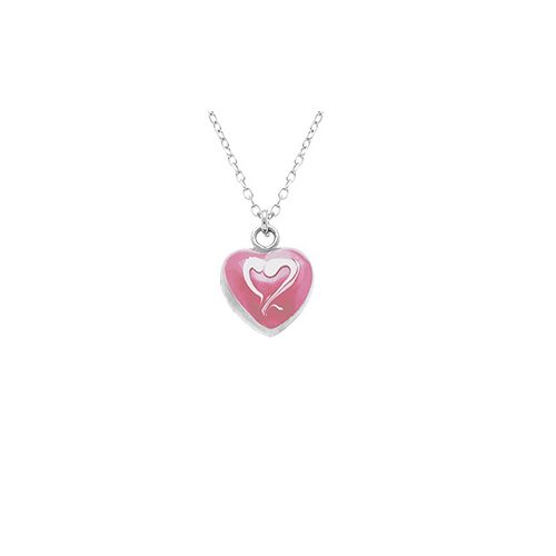 Collier Argent Rhodié Pendentif Coeur Bombé Résine A Chaud Rose Recto Verso 41+3cm