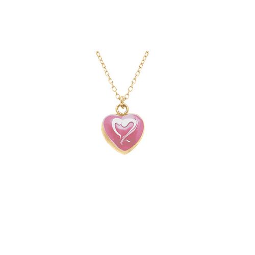 Collier Argent Doré Pendentif Coeur Bombé Résine A Chaud Rose Recto Verso 41+3cm