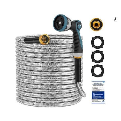 Tuyau d'arrosage Toysarc de 15 m en acier inoxydable, tuyau d'arrosage en métal avec 10 jets différents, robuste et résistant à la corrosion, sans n?uds ni enchevêtrements, pour un jardinage facile.