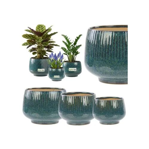 Cache-Pots Ronds En Céramique - Botle - Lot De 3 - Bleu Délavé - Motif 3d - Fini Brillant
