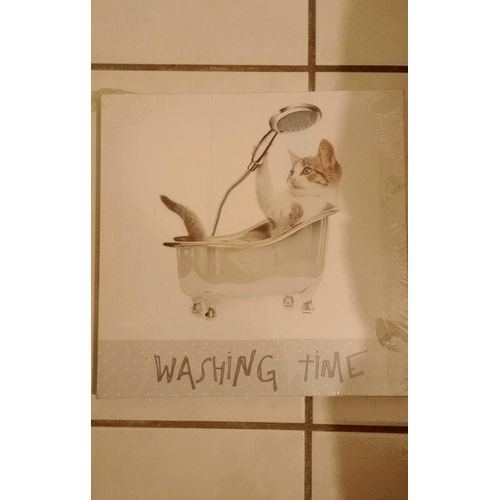Cadre photo toile chat washing time 28x28cm