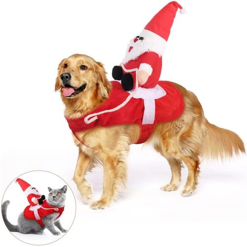 Déguisement De Noël Pour Animaux De Compagnie - Vêtements Pour Chats Et Chiens Avec Père Noël À Cheval - Manteau Rouge